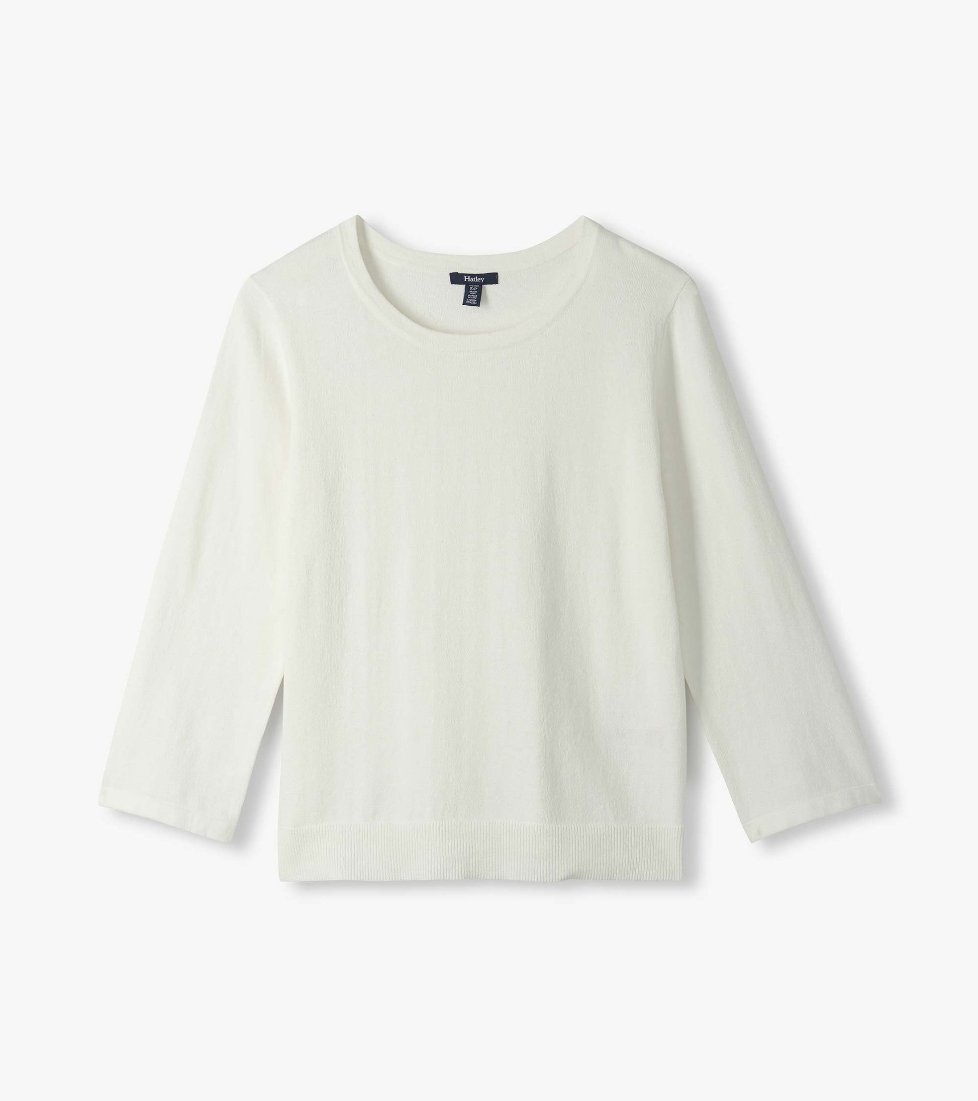 White knit top with 3/4 sleeves, crew neckline, and ribbed hem, shown front view.