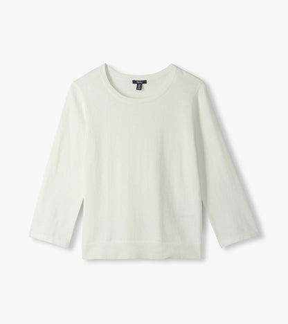 White knit top with 3/4 sleeves, crew neckline, and ribbed hem, shown front view.