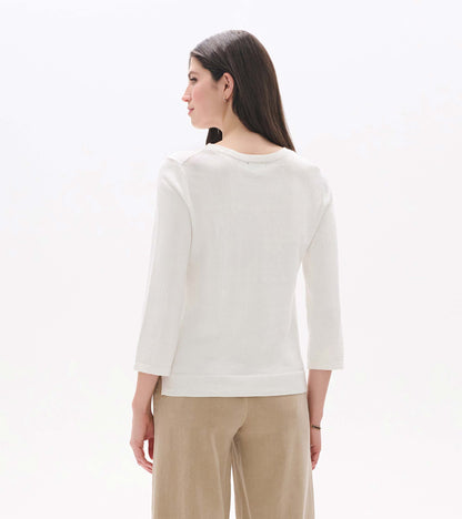 Back view of a white 3/4 sleeve knit top with a crew neck and ribbed hem