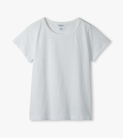 White short-sleeve crew neck T-shirt with a relaxed fit, front view