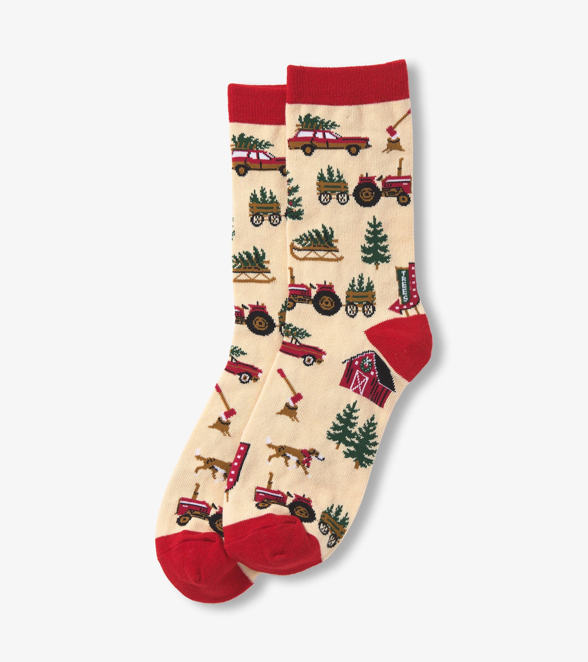 Beige crew socks featuring a festive Christmas tree farm pattern with red accents, tractors, trees, and holiday motifs.