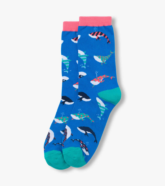 Blue crew socks with pink cuffs, teal toes, and colorful whale pattern, shown folded together