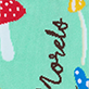 View Women's No Morels Crew Socks - Three colorful mushroom illustrations on a teal background with the word "hello