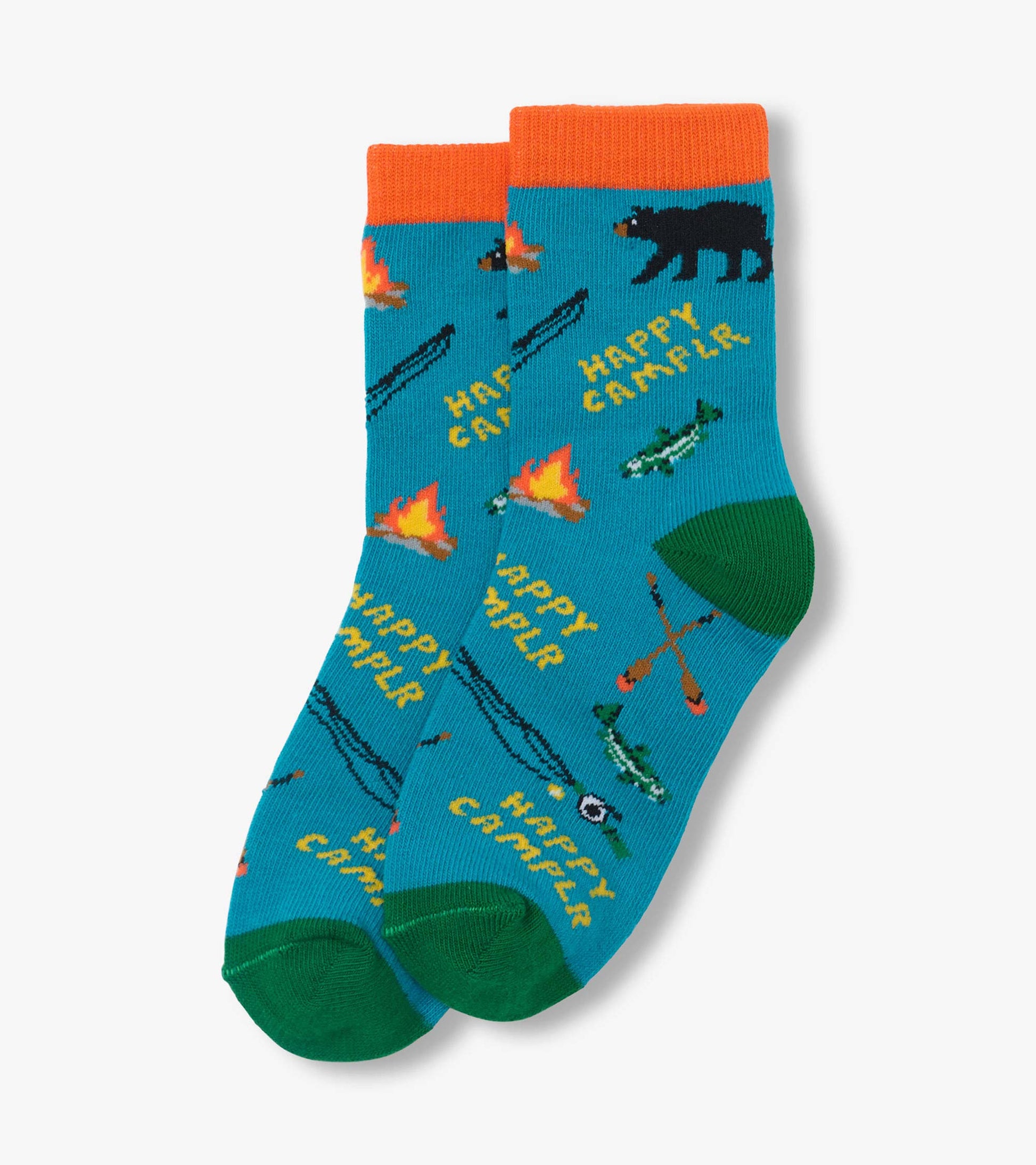 Pair of blue crew socks with orange cuffs, green heels and toes, and camping-themed bear and campfire pattern