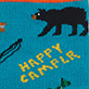 View Boys Happy Retro Camper Crew Socks - Black buffalo silhouette on a blue background with yellow text reading “HAPPY CAMPER”
