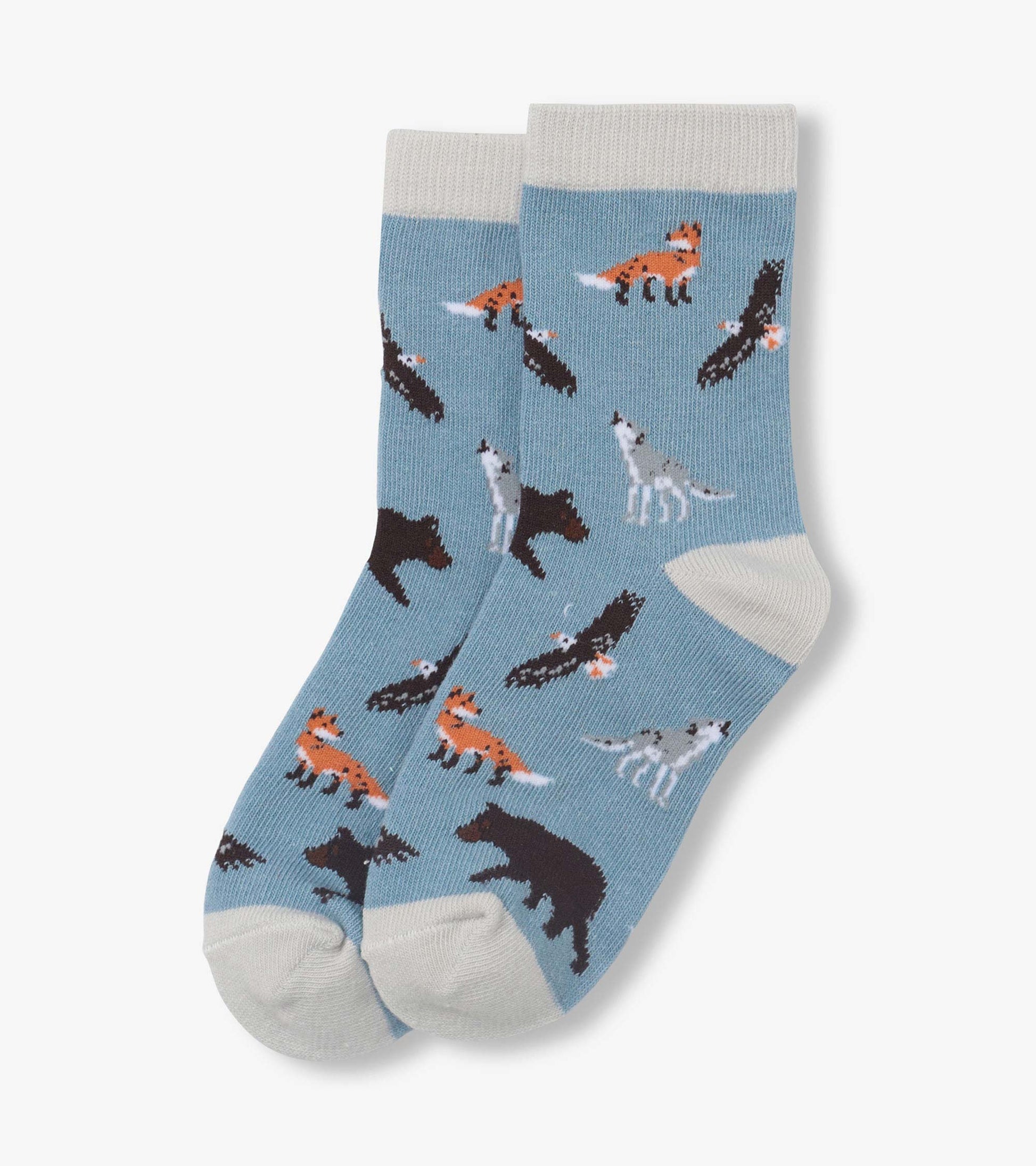 Light blue crew socks with white cuffs and toes, featuring a repeating fox and bear pattern.