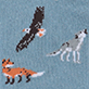 View Kids Northern Wilderness Crew Socks - Three small illustrated animals on a blue textured background: a bird with an orange fish, a gray wolf, and an orange fo