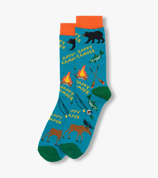 Blue crew socks with orange cuffs, green heels and toes, and camping-themed bear, moose, fish, and campfire patterns