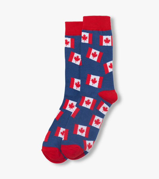 Blue crew socks with red cuffs, heels and toes, patterned with Canadian flags, folded flat on white background