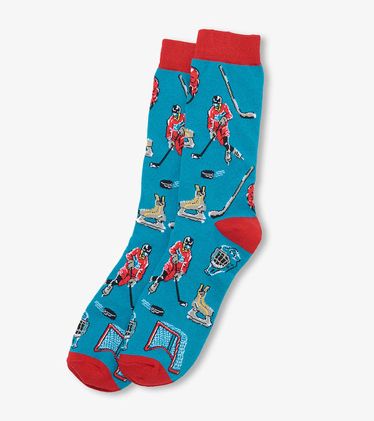 Men's crew socks in blue with red cuffs, heels and toes, featuring hockey players, sticks, skates, pucks and nets