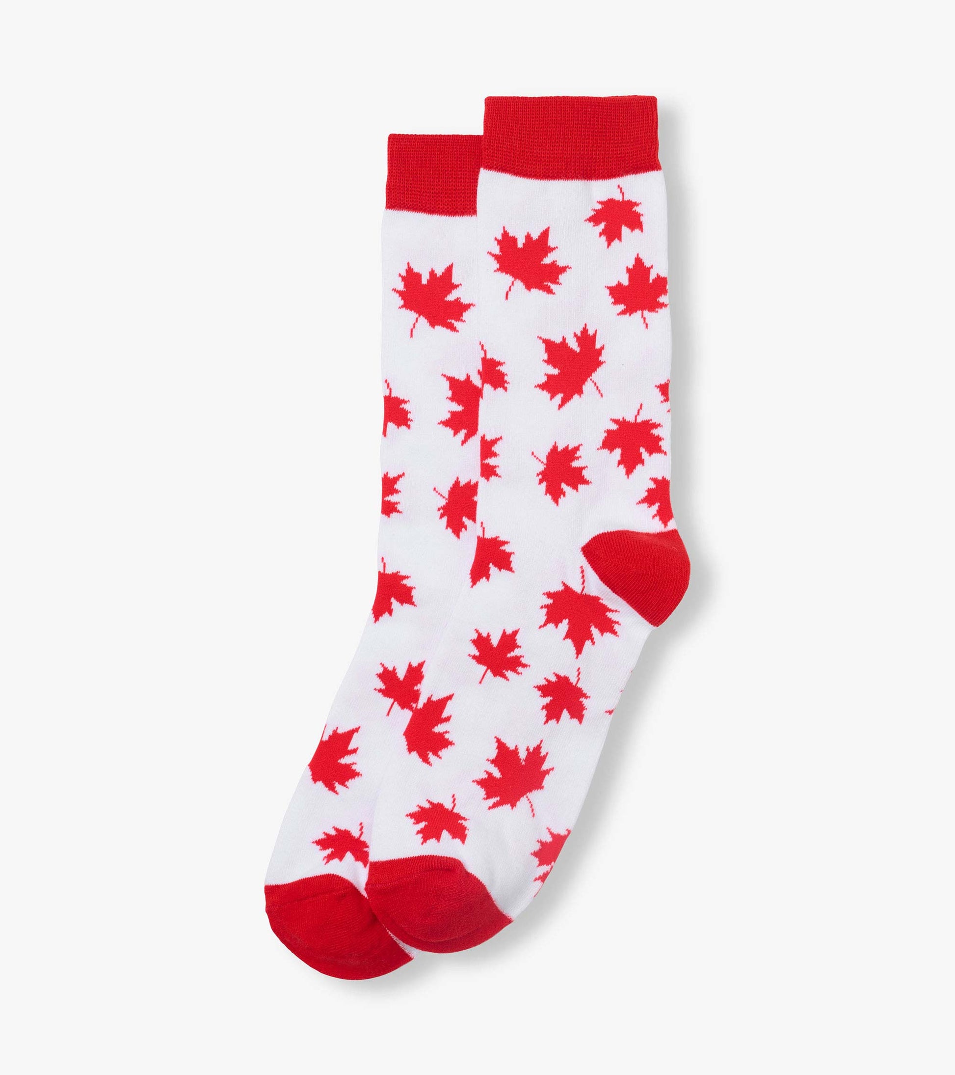 White crew socks with red maple leaf pattern and red cuffs, heels, and toes, shown folded.