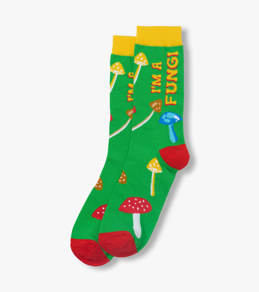 Green crew socks with mushroom pattern, yellow cuffs, and red toes and heels, shown folded