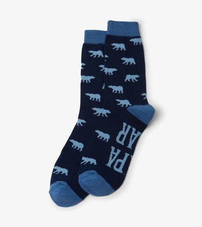 Navy crew socks featuring light blue bear patterns and a contrasting blue cuff, ideal for casual wear.
