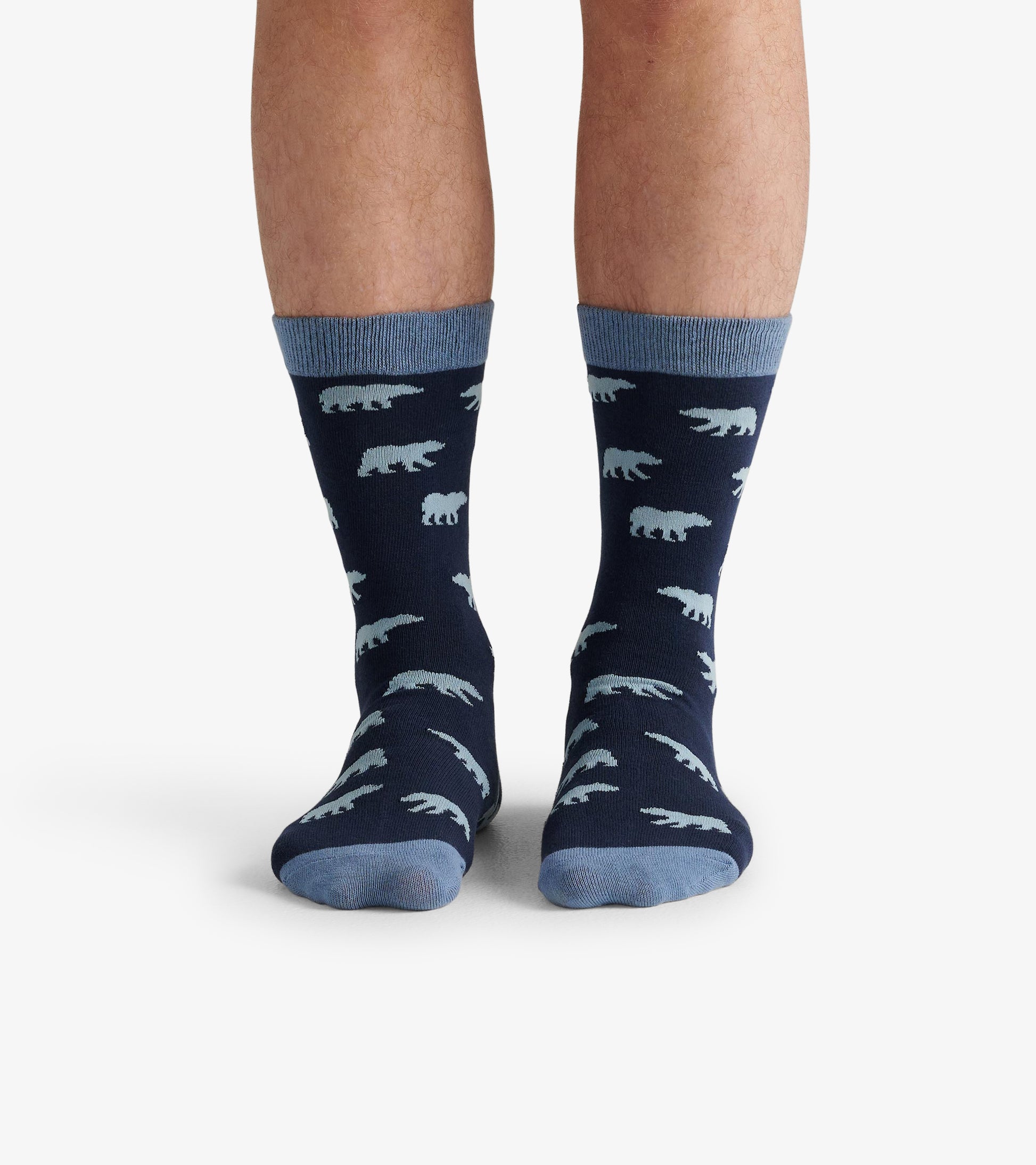 Navy crew socks featuring light blue bear patterns, designed for casual wear. One size fits most.