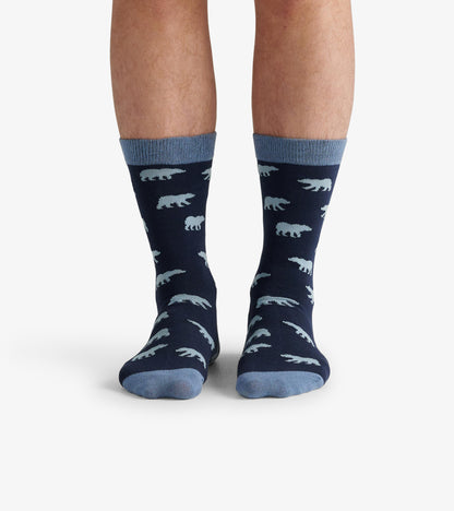 Navy crew socks featuring light blue bear patterns, designed for casual wear. One size fits most.