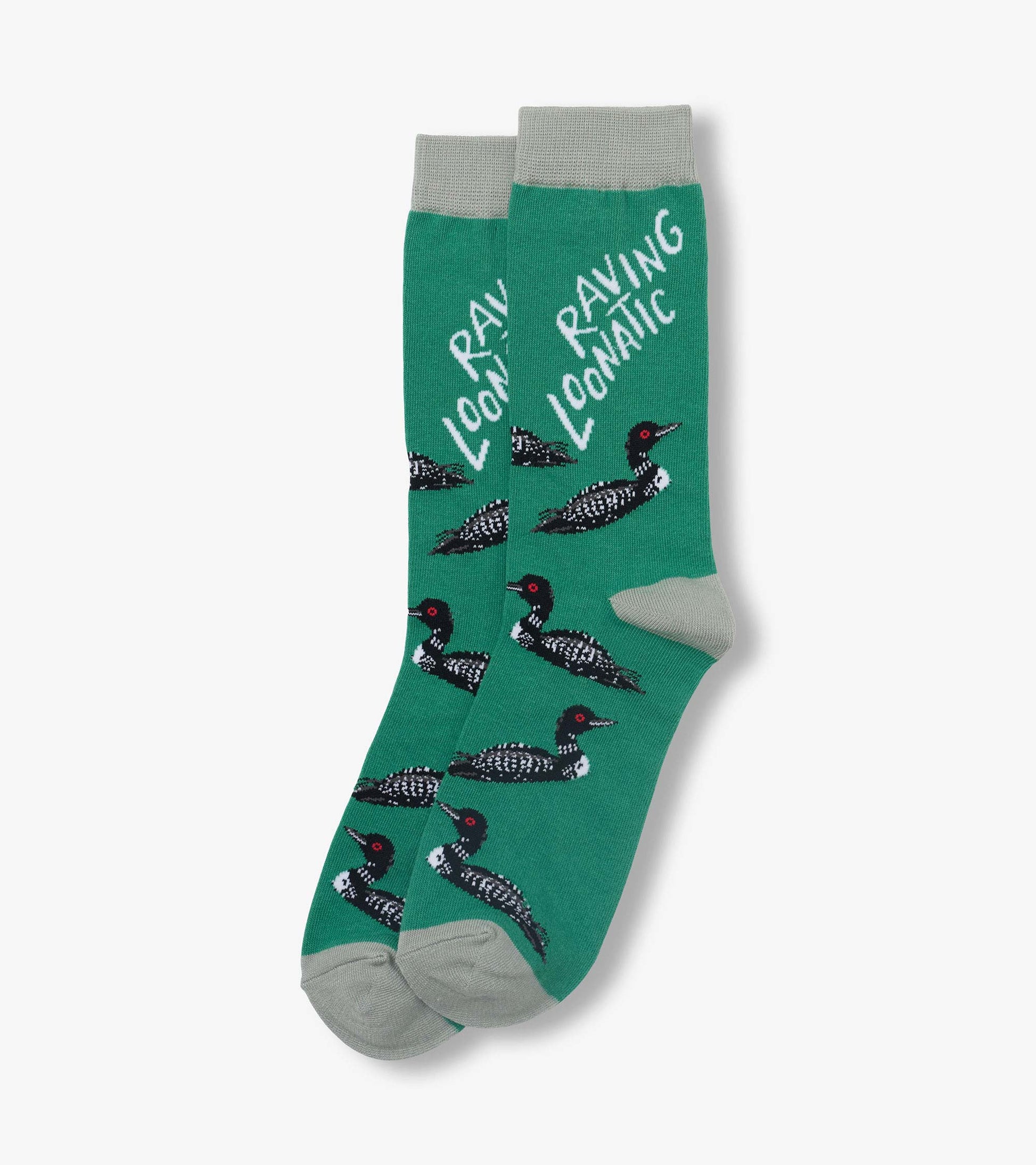 Green crew socks with gray cuffs, heels and toes, featuring loon bird pattern and text print