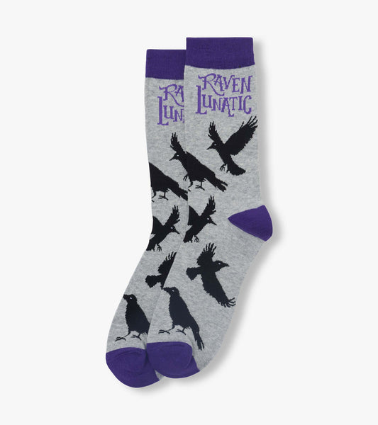 Gray crew socks with purple cuffs, heels and toes, black raven pattern, and Raven Lunatic text