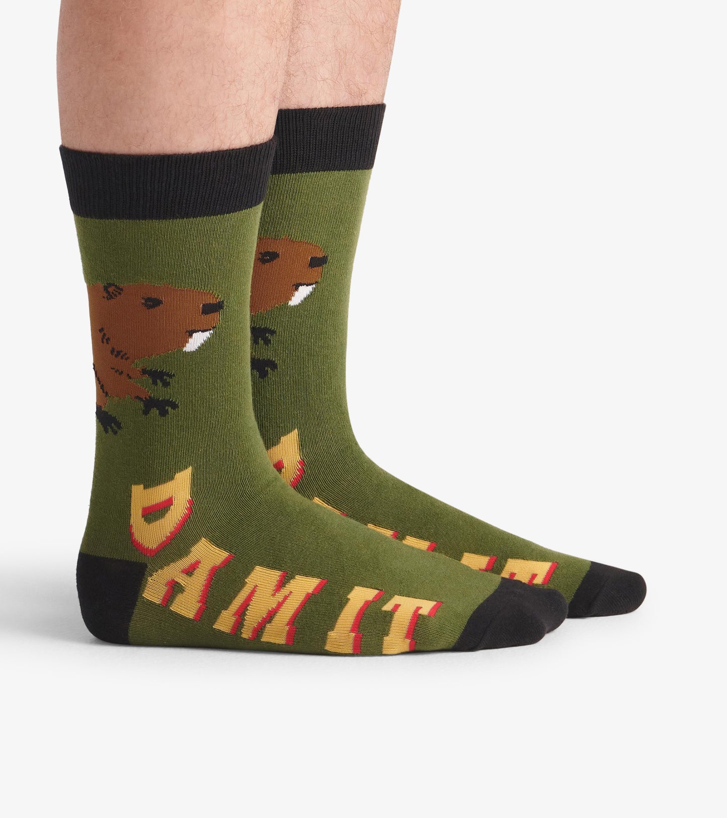Green crew socks featuring a beaver design and the phrase "DAM IT" in bold lettering.