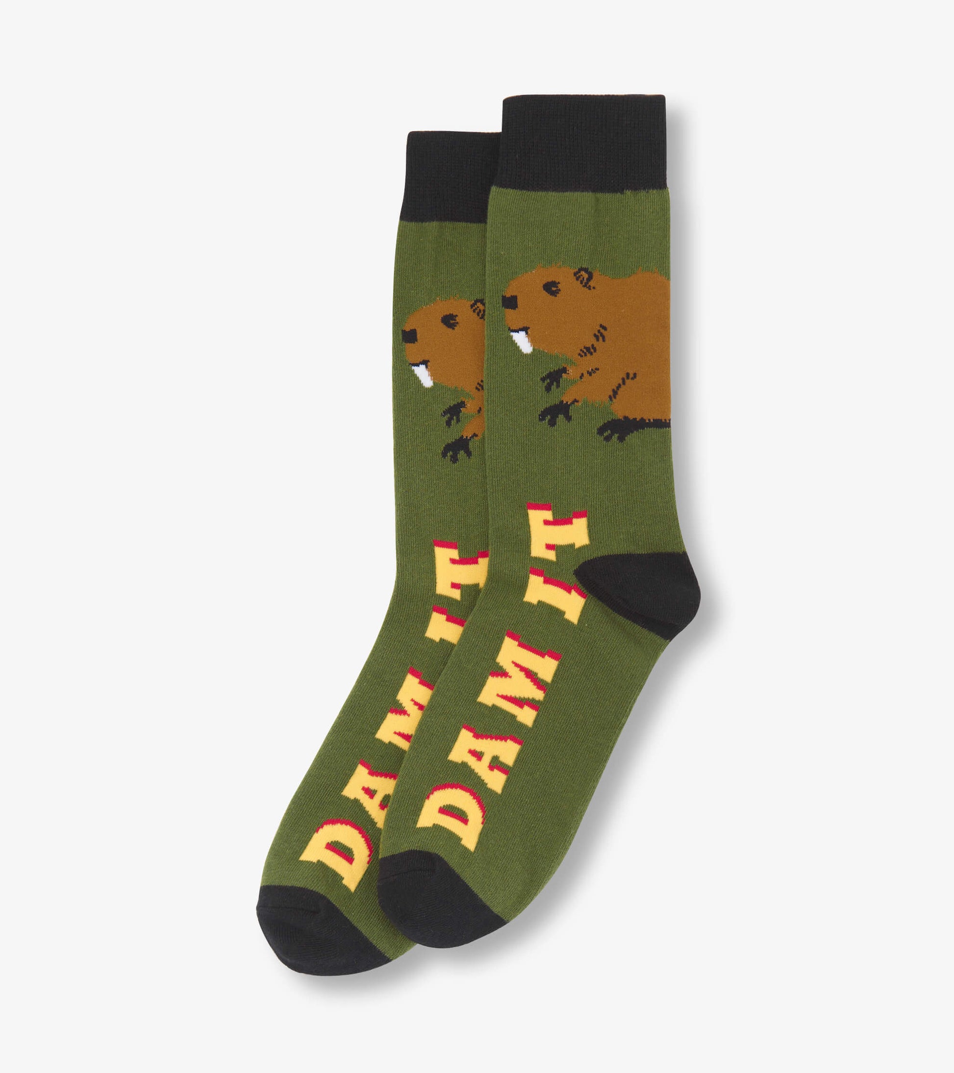 Green crew socks featuring a beaver graphic and "DAM IT" text, with black cuffs and toe. One size fits most.