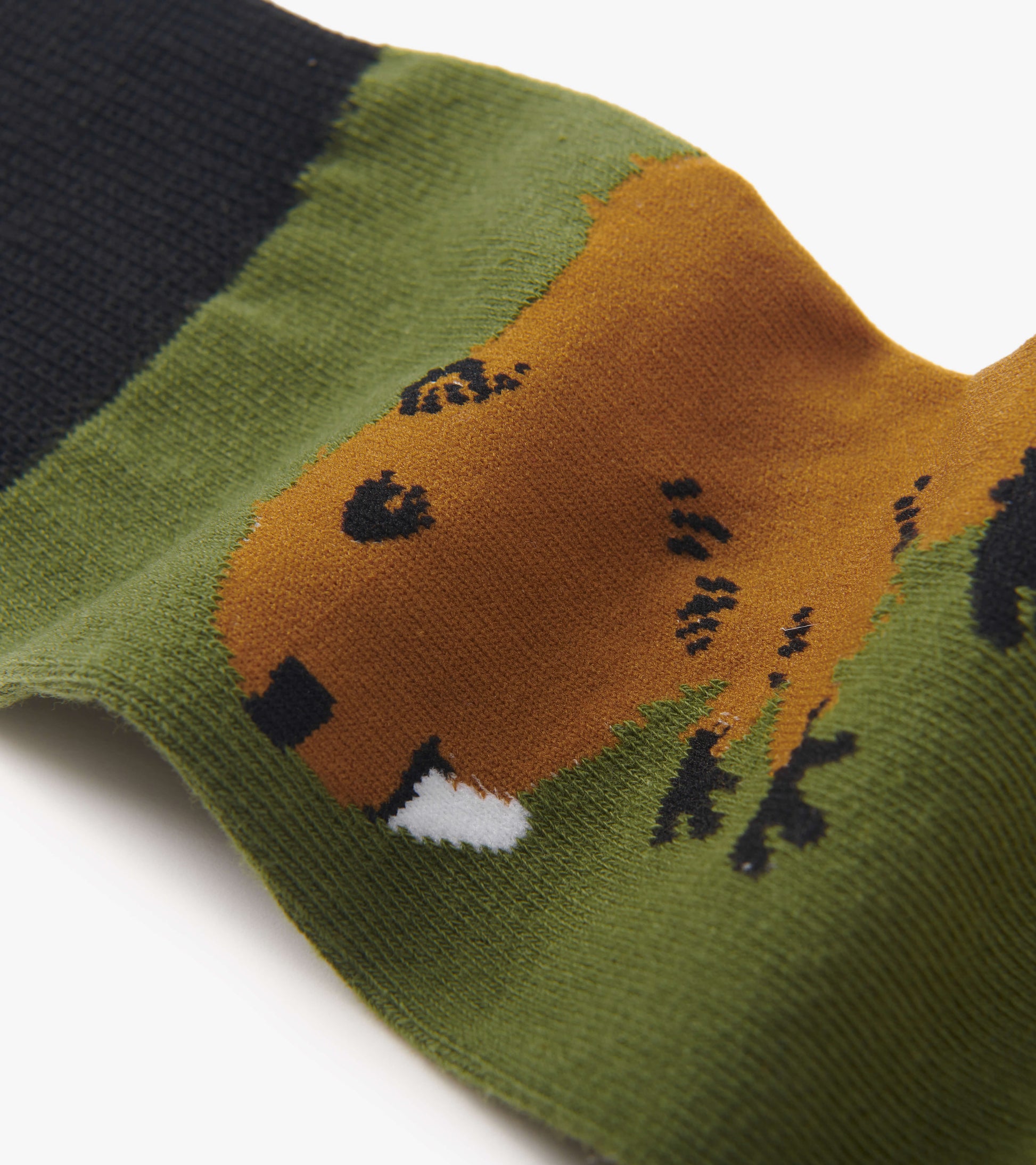 Men's crew socks featuring a beaver design in earthy tones of green and brown, made from soft, comfortable material.