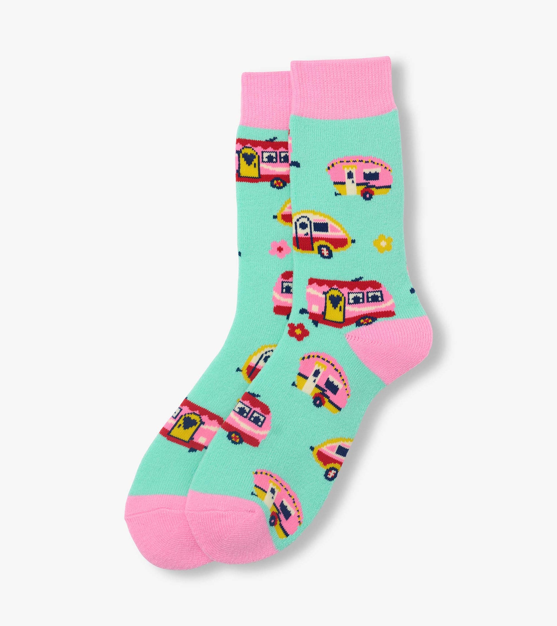 Mint green crew socks with pink cuffs, heels and toes, featuring colorful camper van pattern.