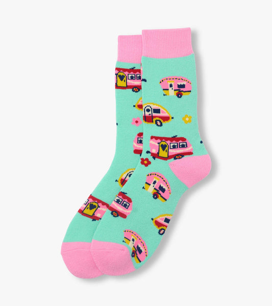 Mint green crew socks with pink cuffs, heels and toes, featuring colorful camper van pattern.