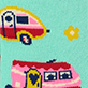 View Women's Retro Campers Cozy Socks - Pink and yellow camper van with a surfboard on top, small orange flower, and a pink camera icon