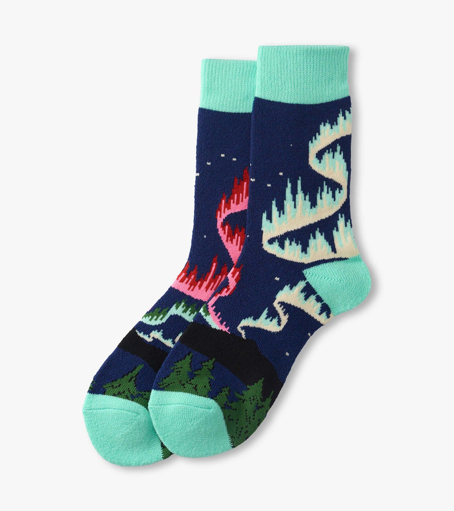 Pair of navy crew socks with mint cuffs and toes, featuring colorful northern lights and trees pattern