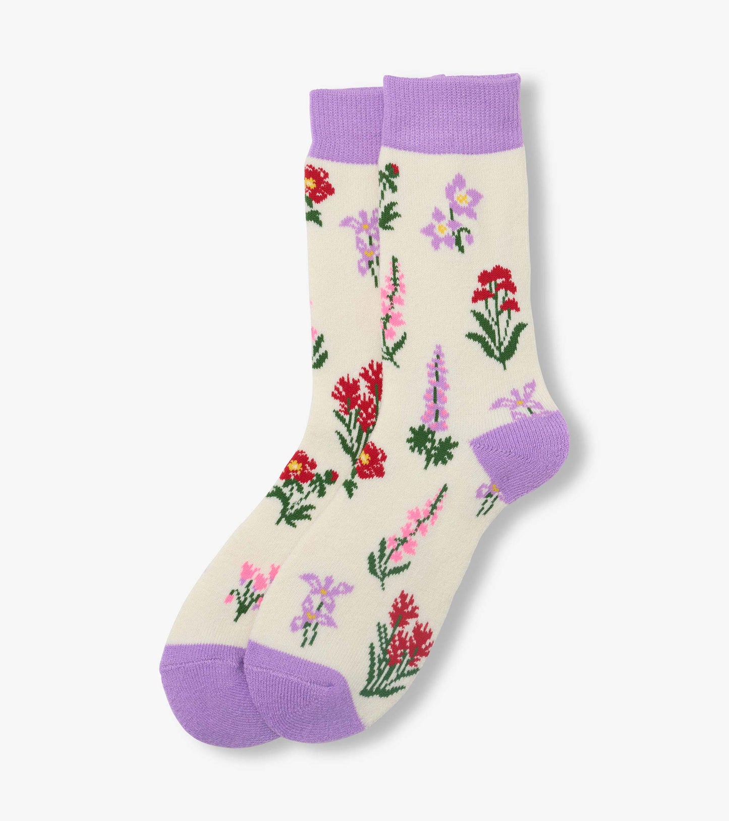 Cream crew socks with purple cuffs, heels and toes, featuring a colorful wildflower pattern.