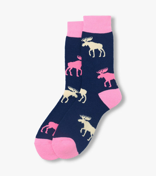 Navy crew socks with pink cuffs, heels and toes, featuring repeating moose pattern in pink and cream.