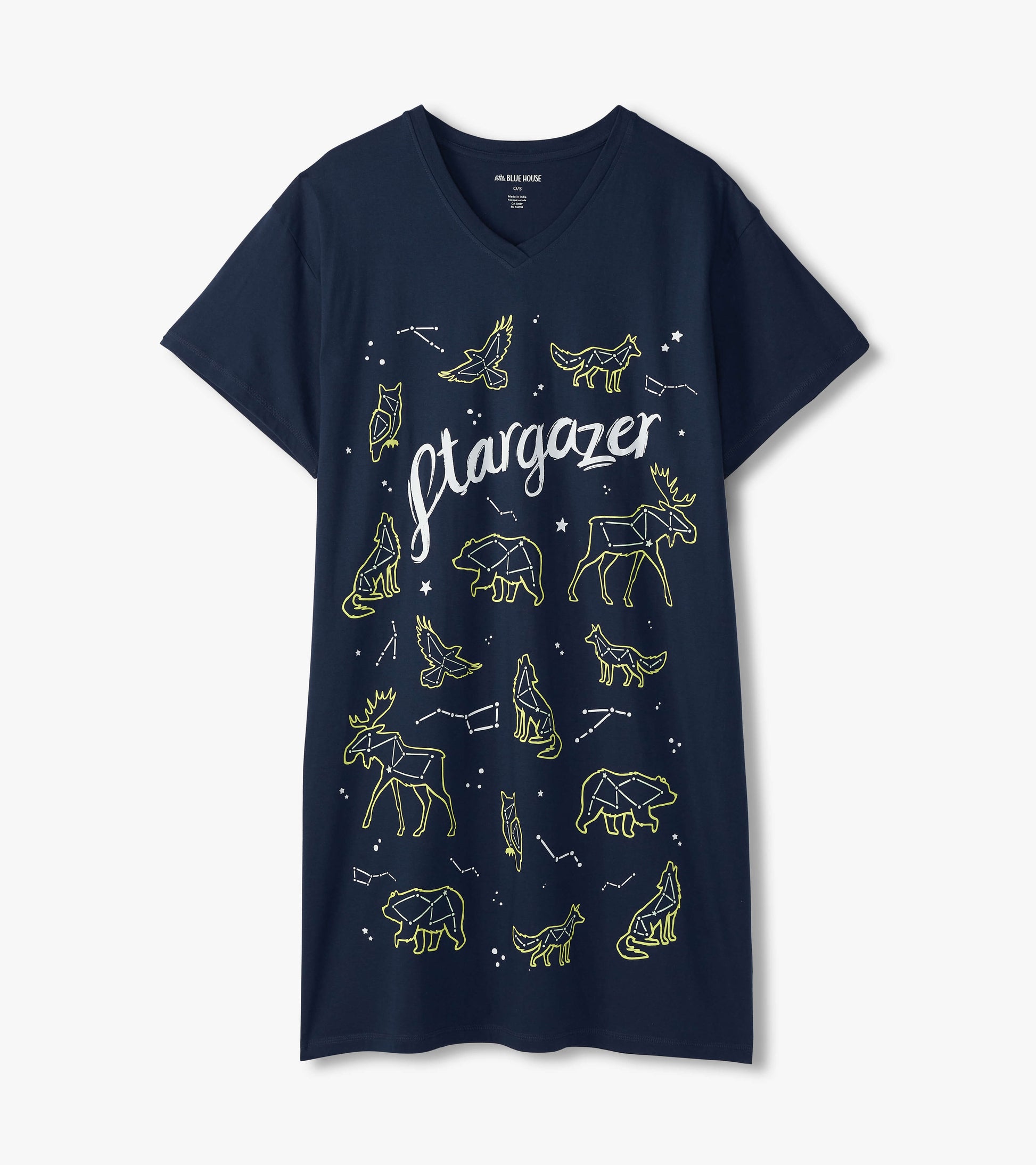 Navy Stargazer sleepshirt with V-neck and animal constellation print on front