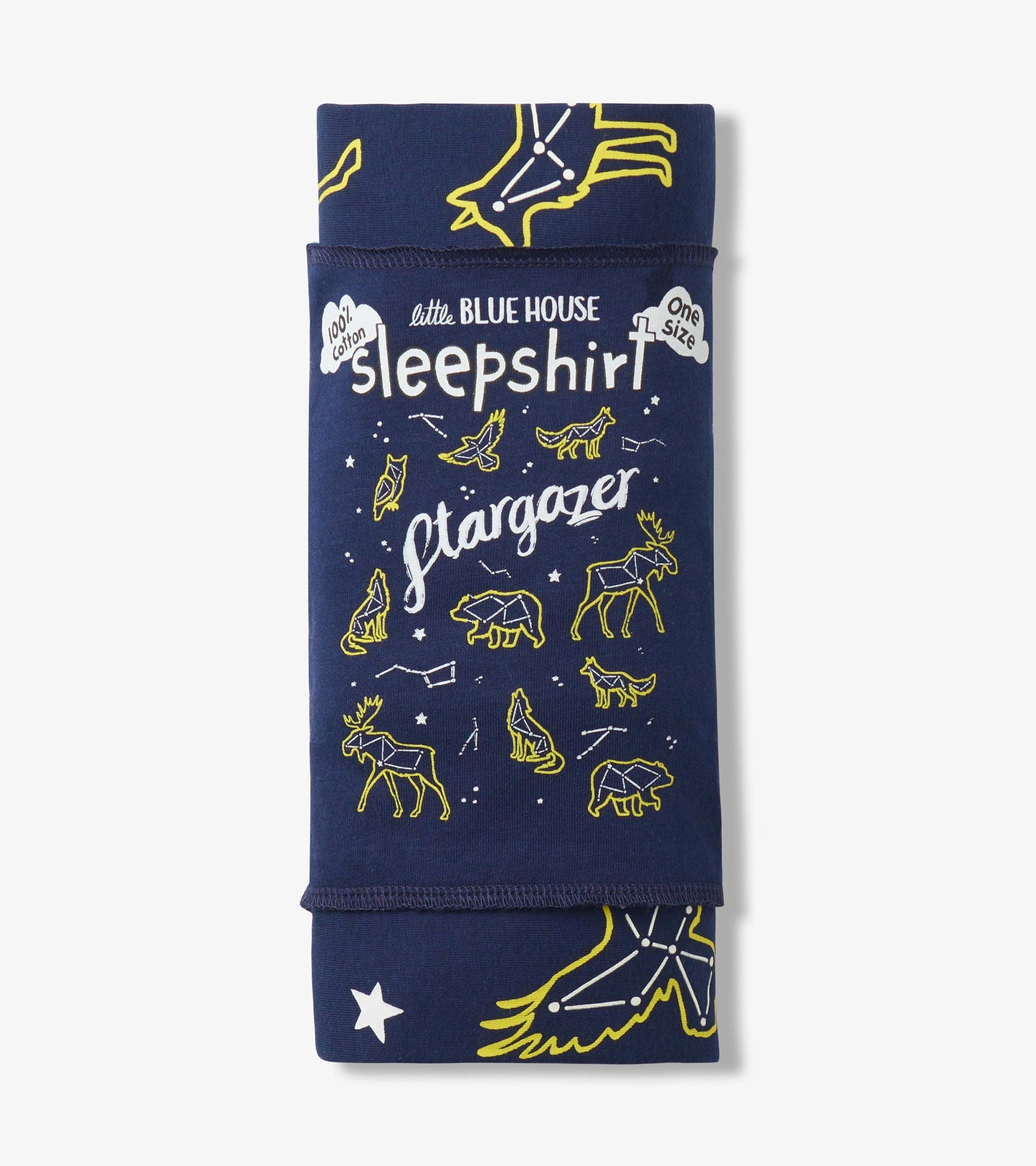 Folded navy Stargazer sleepshirt in packaging with animal constellation print