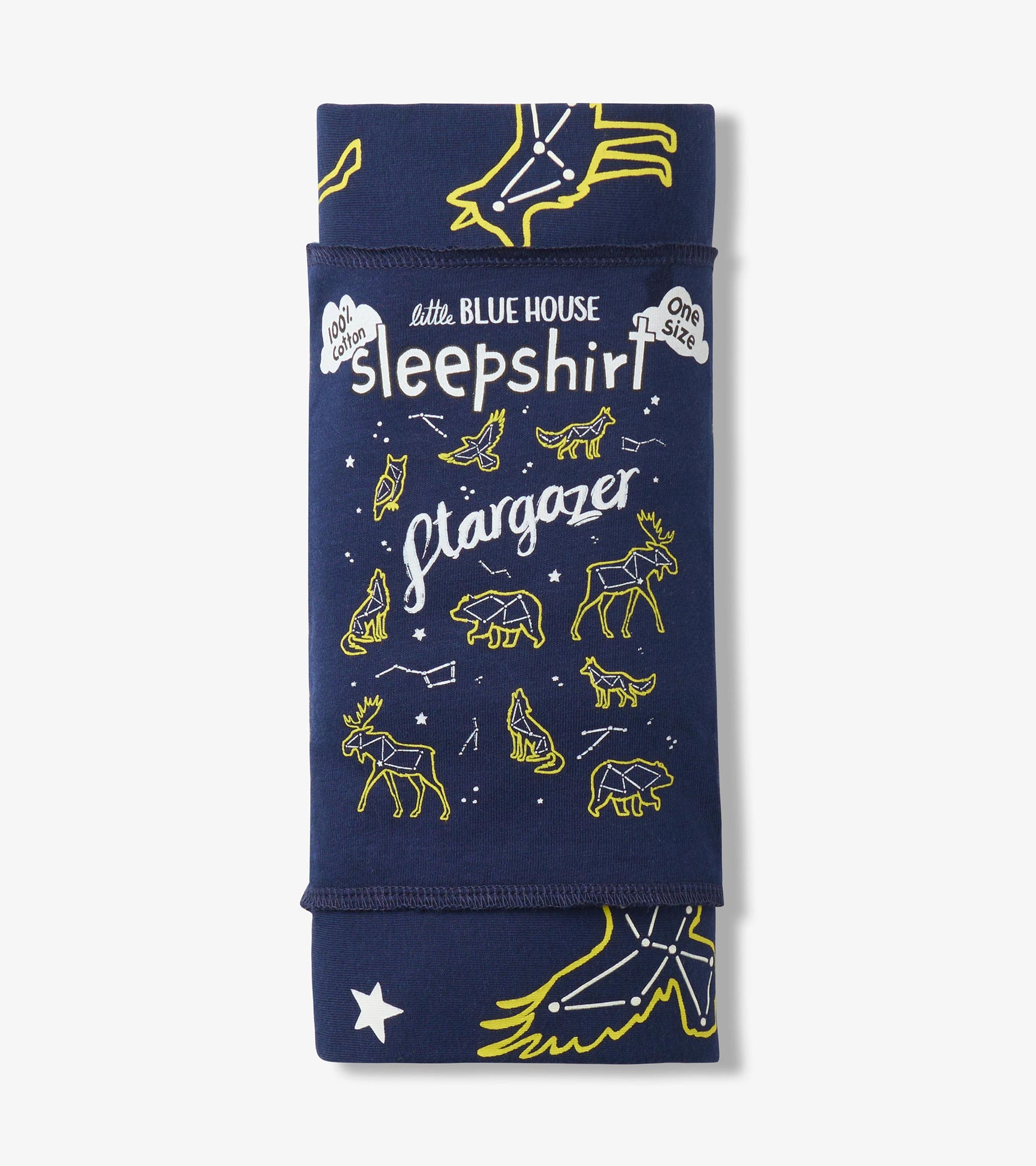 Folded navy Stargazer sleepshirt in packaging with animal constellation print