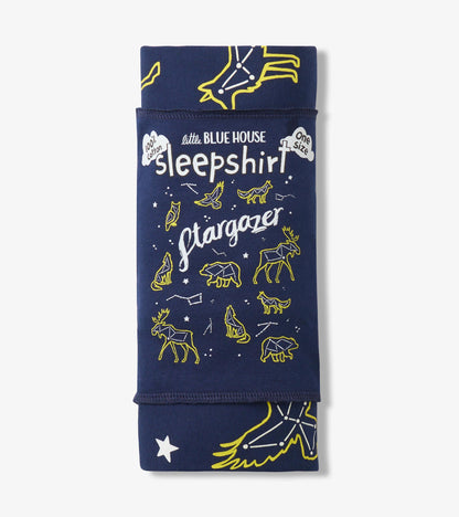 Folded navy Stargazer sleepshirt in packaging with animal constellation print