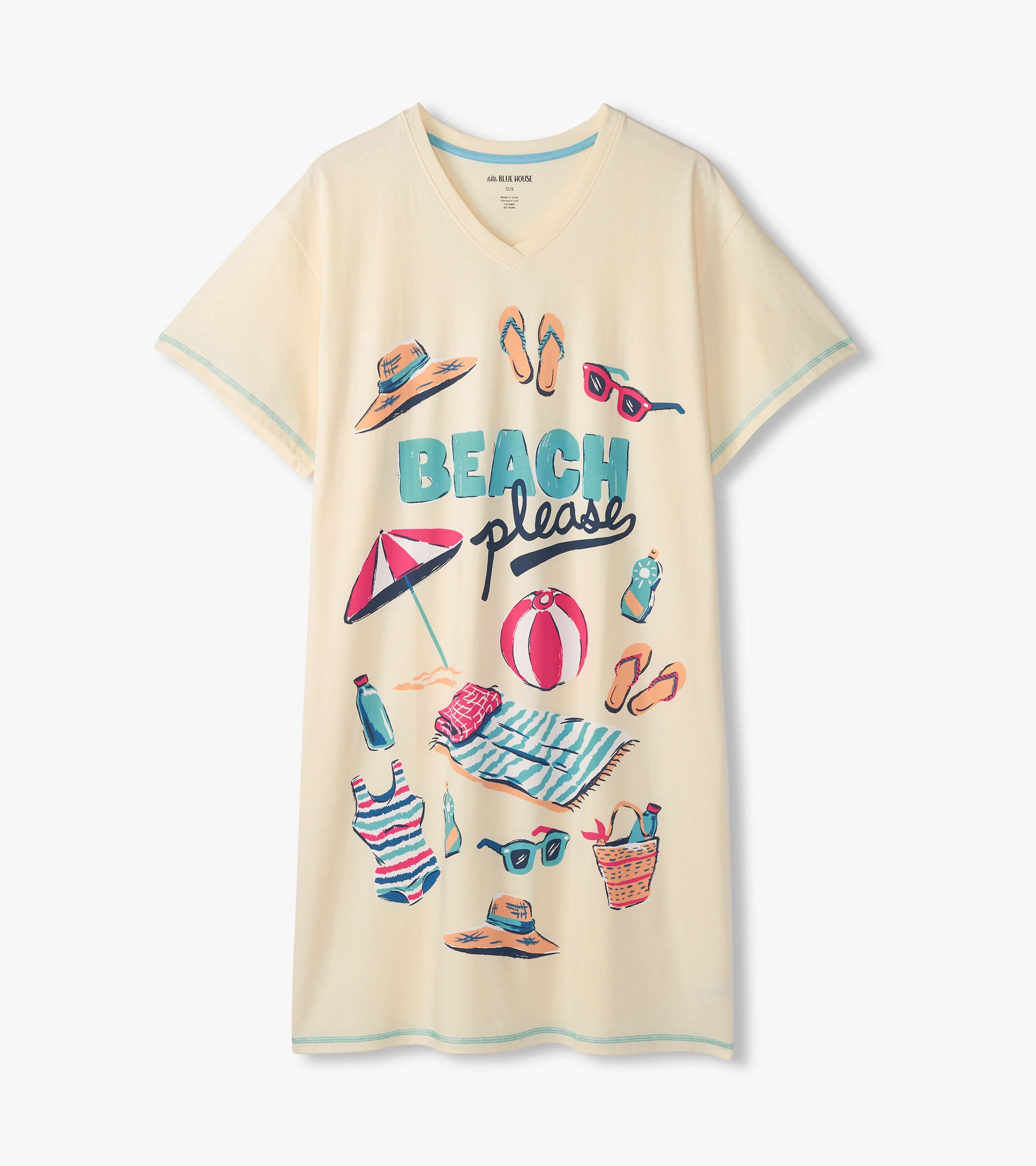 Cream V-neck sleepshirt with Beach Please text and colorful beach icons, front view