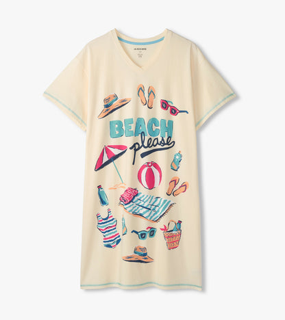 Cream V-neck sleepshirt with Beach Please text and colorful beach icons, front view