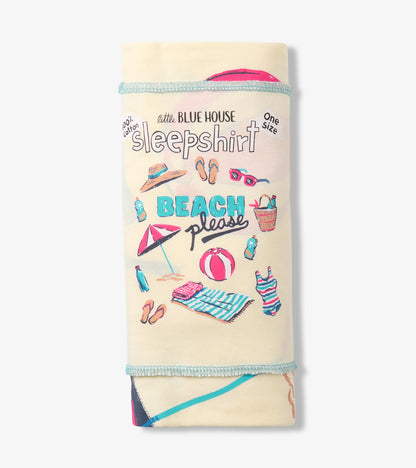 Folded cream sleepshirt in packaging with Beach Please print and beach icons visible