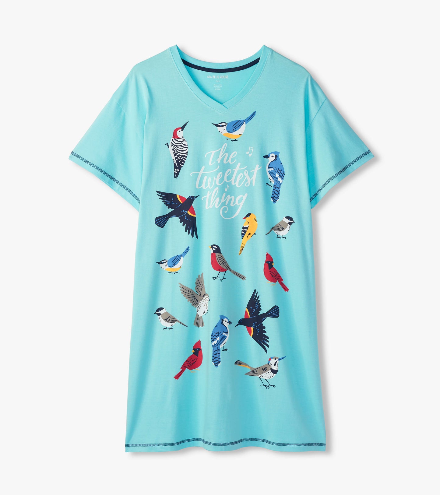 Aqua V-neck sleepshirt laid flat with short sleeves, colorful bird print and 'The tweetest thing' text
