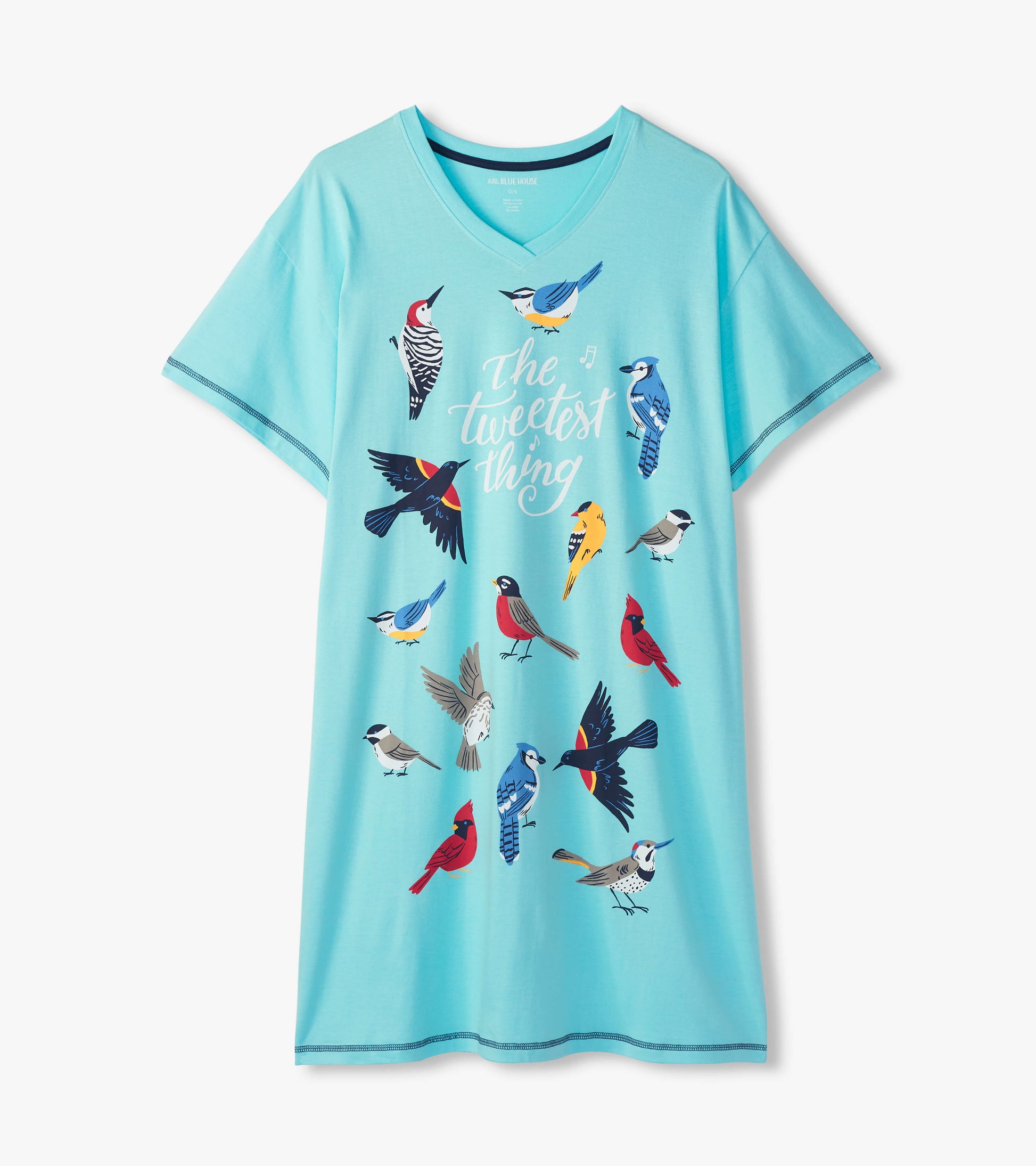 Aqua V-neck sleepshirt laid flat with short sleeves, colorful bird print and 'The tweetest thing' text