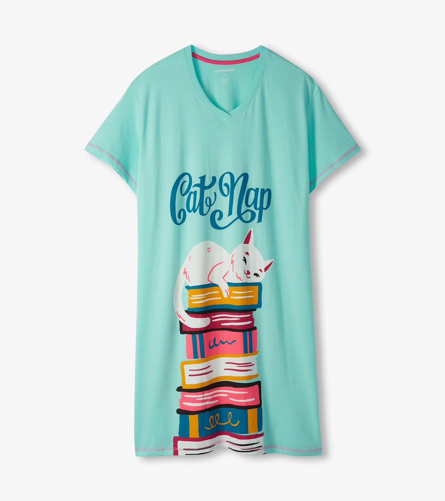 Aqua V-neck sleepshirt laid flat with Cat Nap text and white cat on a tall stack of colorful books