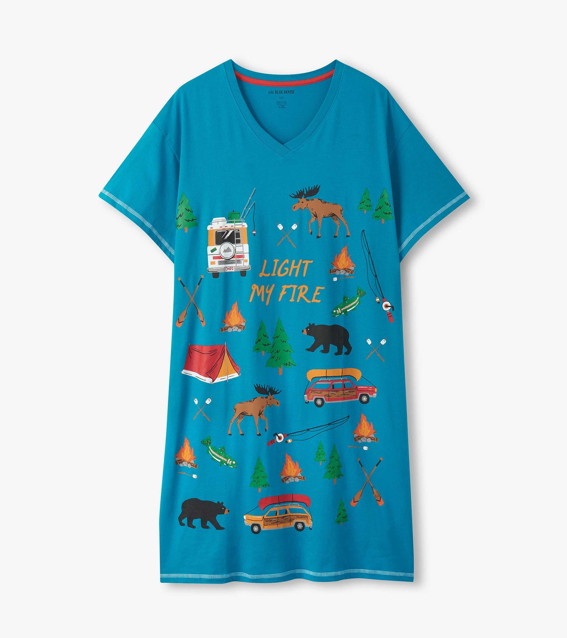 Blue V-neck sleepshirt with camping-themed print, including moose, bears, tents, trees, campfires, and vehicles.