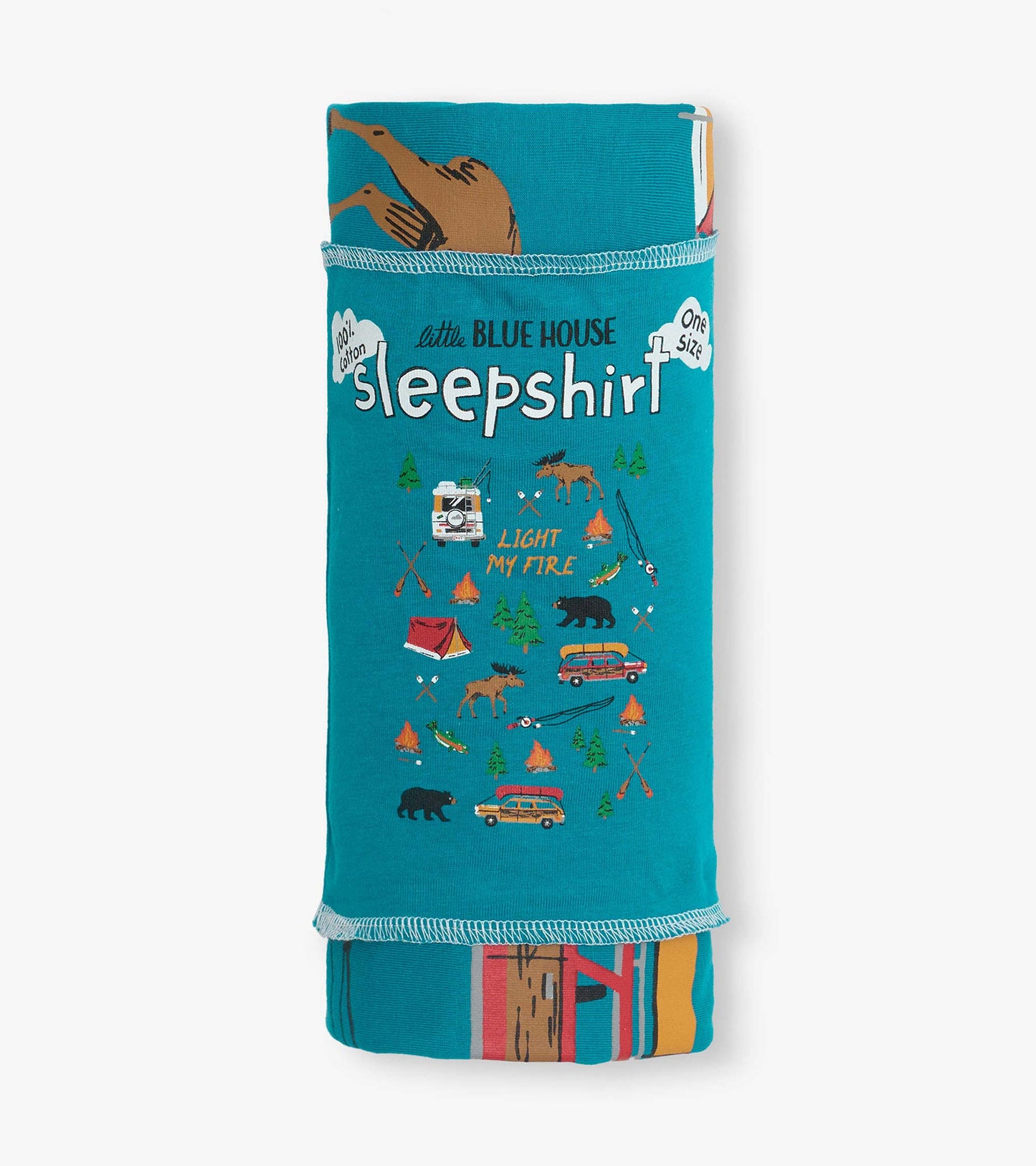 Folded teal cotton sleepshirt with camping-themed print and “sleepshirt” text.