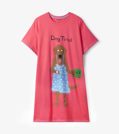 Coral sleepshirt featuring a cartoon dog in a blue polka dot apron, holding a green mug, with "Dog Tired" text.