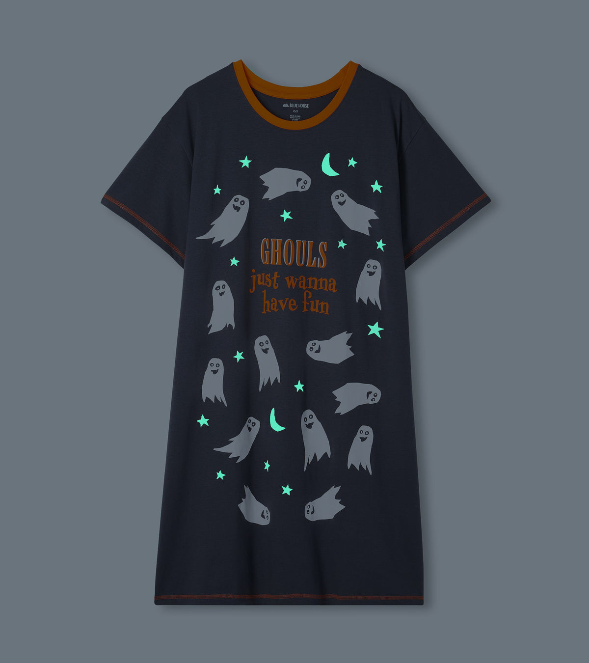 Charcoal gray ghost print sleepshirt with glowing stars and moons, orange trim, and front slogan