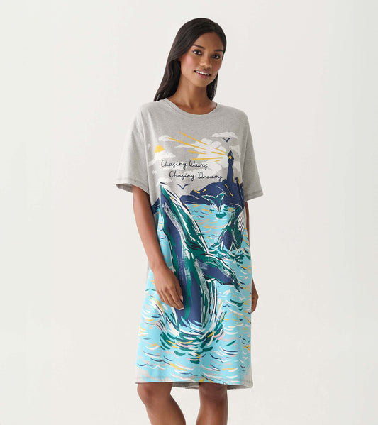 Gray short-sleeve sleepshirt with colorful whale and ocean graphic, shown on a model front view
