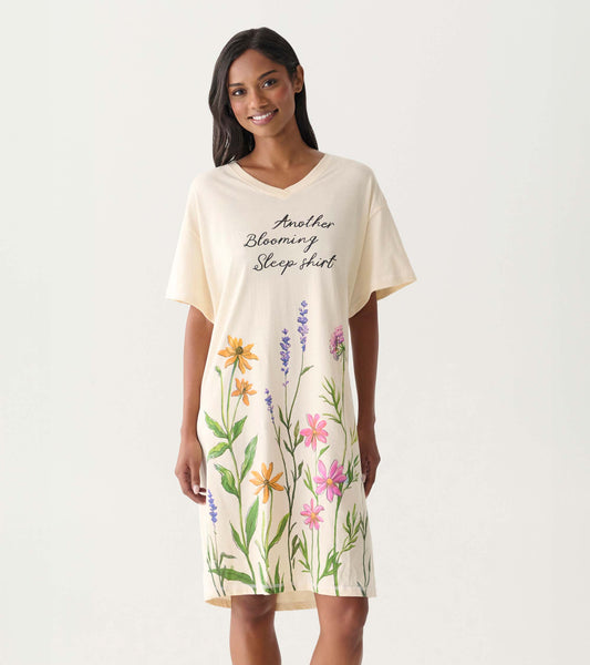 Cream V-neck sleepshirt with floral print and "Another Blooming Sleep shirt" text on front, worn by model