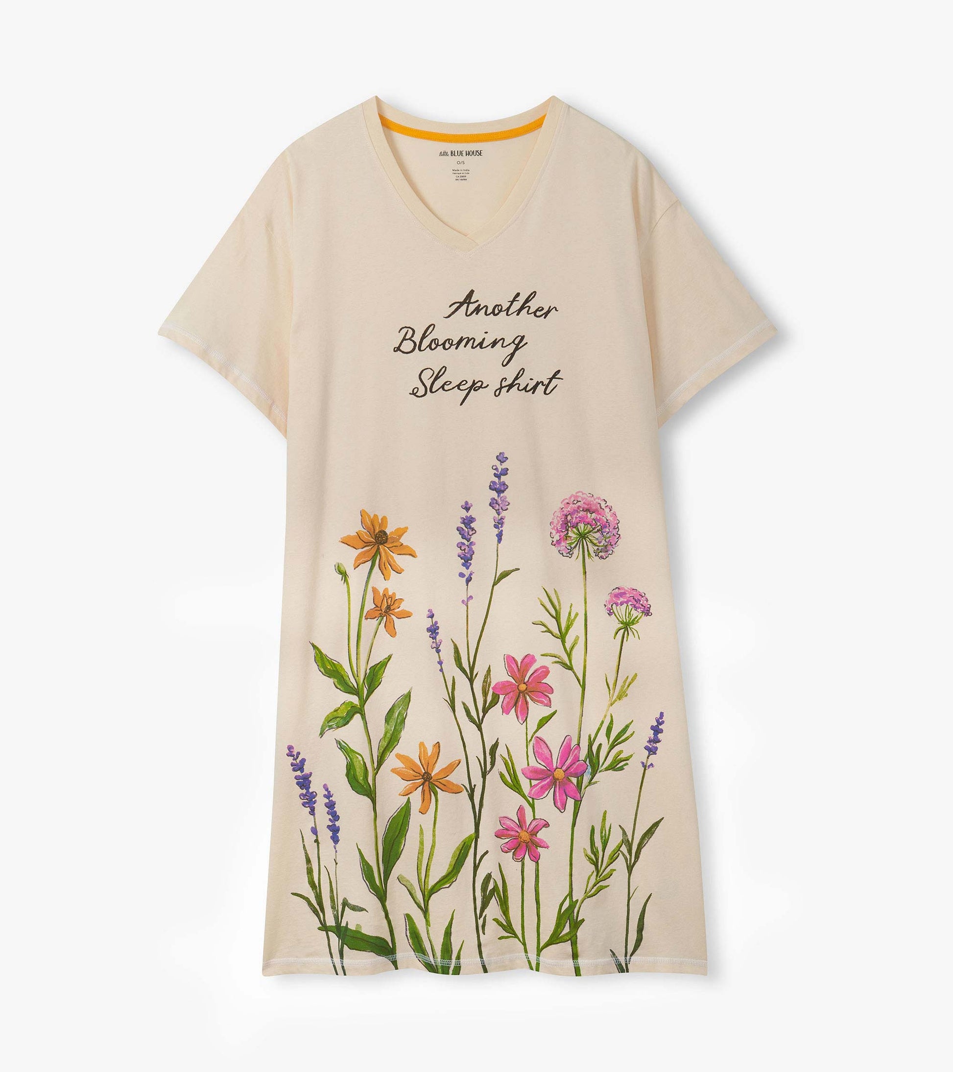 Cream V-neck sleepshirt with short sleeves and colorful floral print on the front