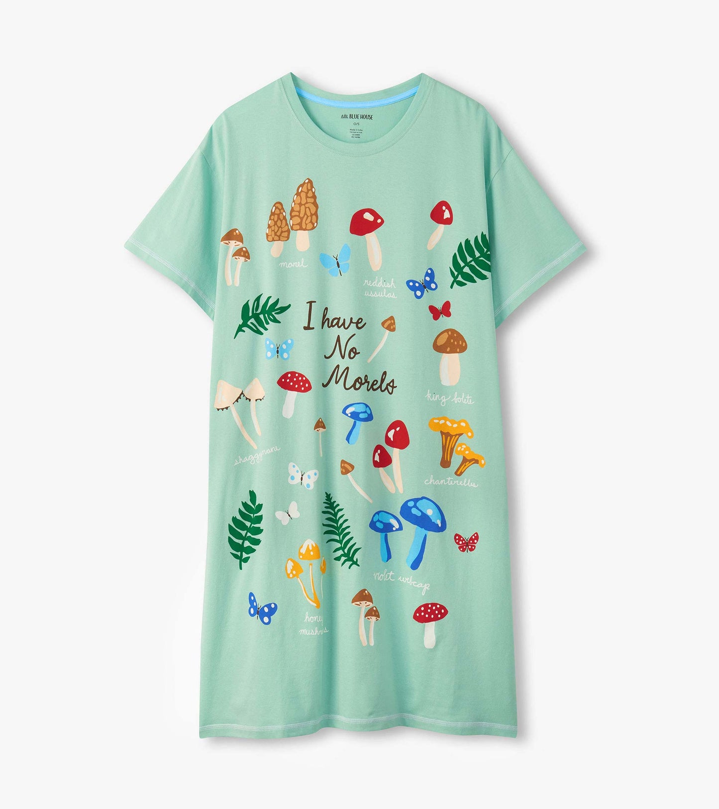 Mint green short-sleeve sleepshirt with mushroom, butterfly, and fern print and “I have No Morels” text, front view