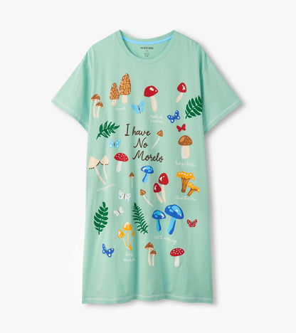 Mint green short-sleeve sleepshirt with mushroom, butterfly, and fern print and “I have No Morels” text, front view