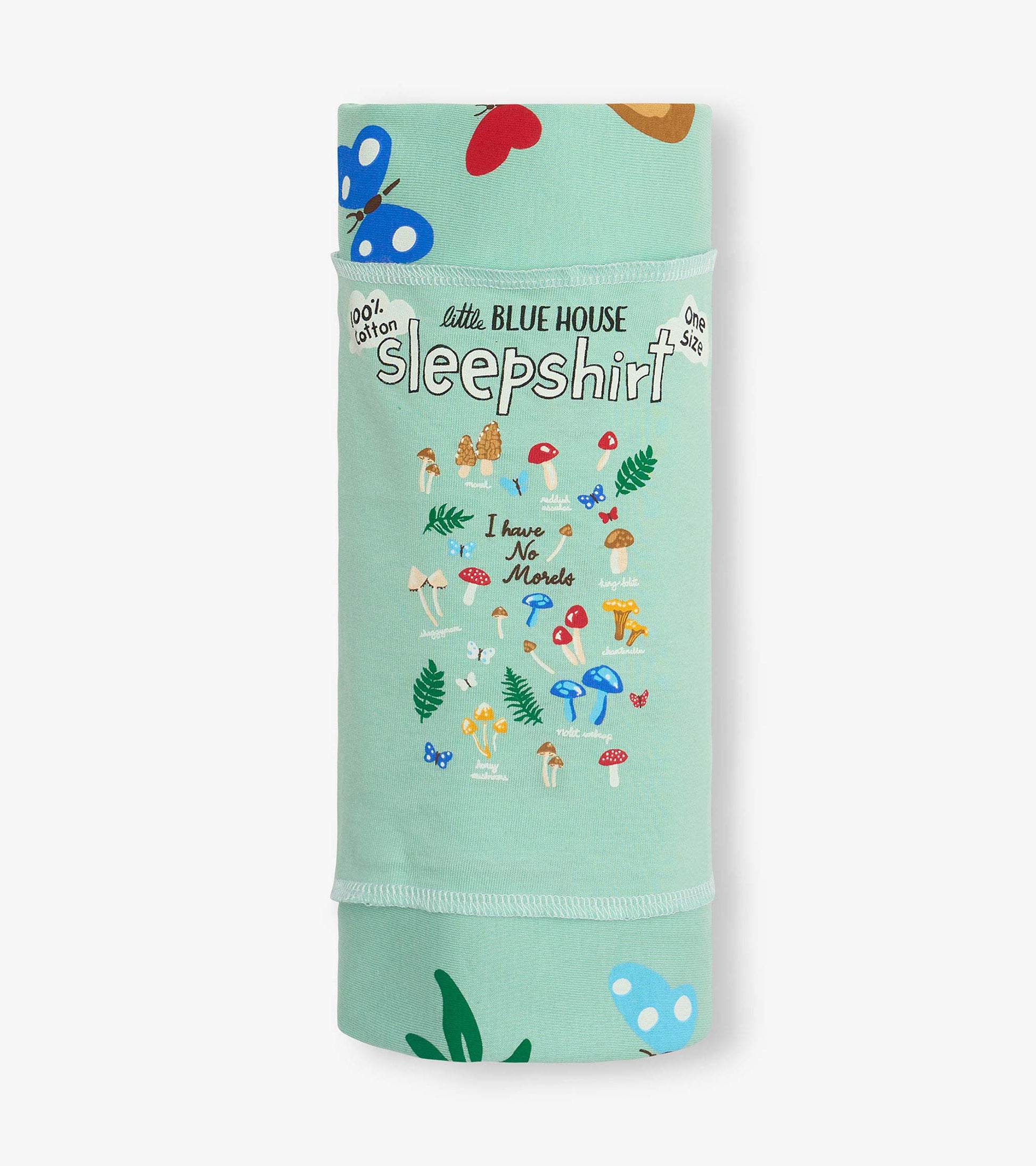 Mint green cotton sleepshirt with mushroom and butterfly print, folded and wrapped with label visible.